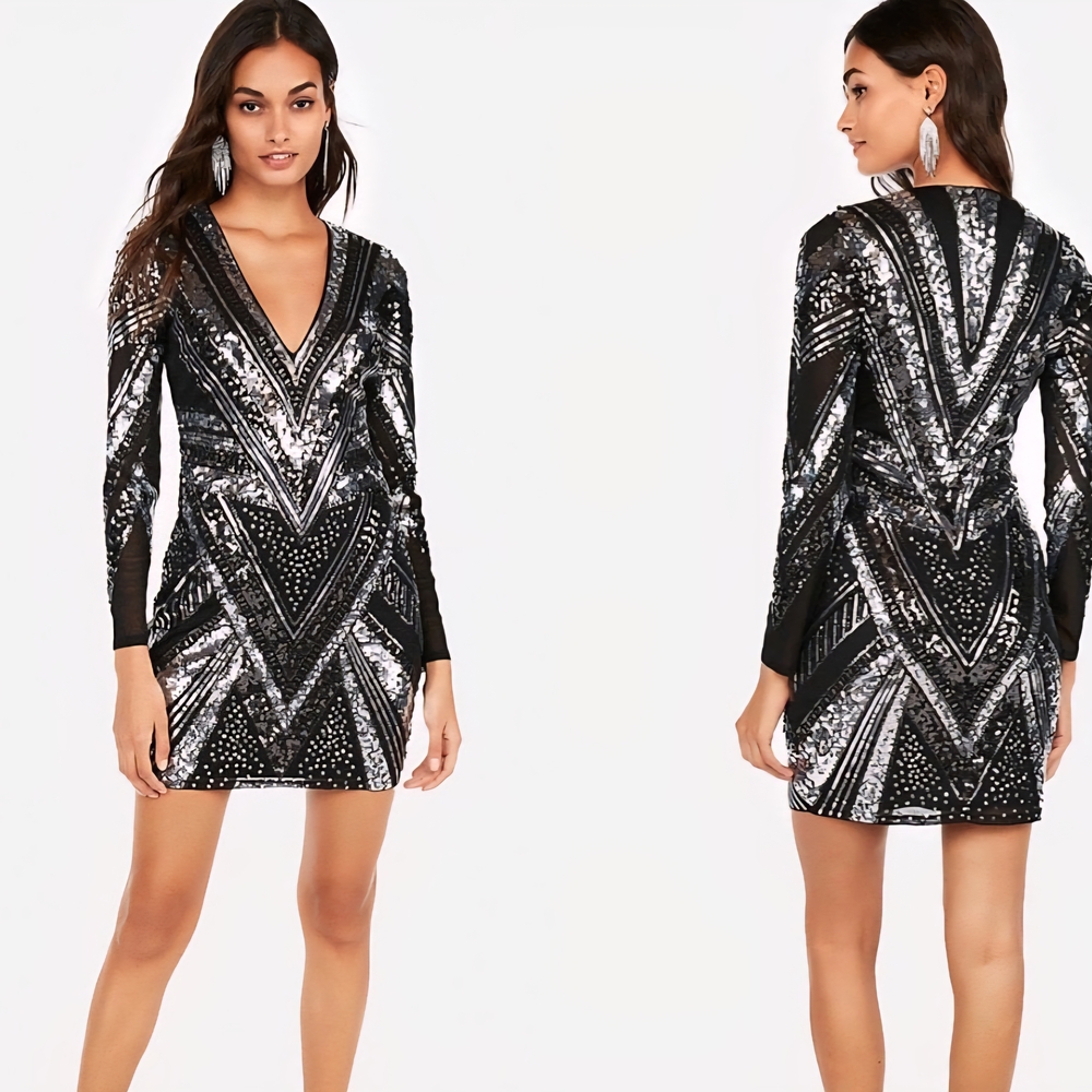 Express Black and Silver Sequin Long Sleeve Bodycon Dress